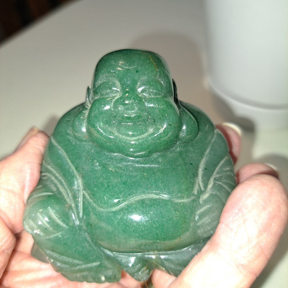 VTG. Green Smiling Buddha Figurine, 2", He Wants To Bring You Good Luck.